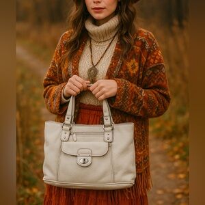 Beautifully Elegant White Leather BORN Purse Bag Tote Style Boho Fall Winter